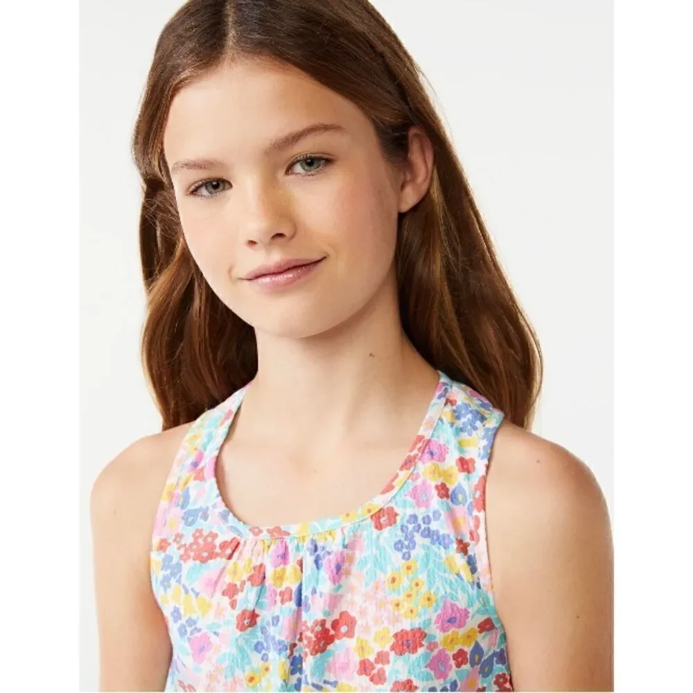 Girls Sleeveless Woven Tank Top & Crochet Denim Bermuda Shorts 2-Piece Set